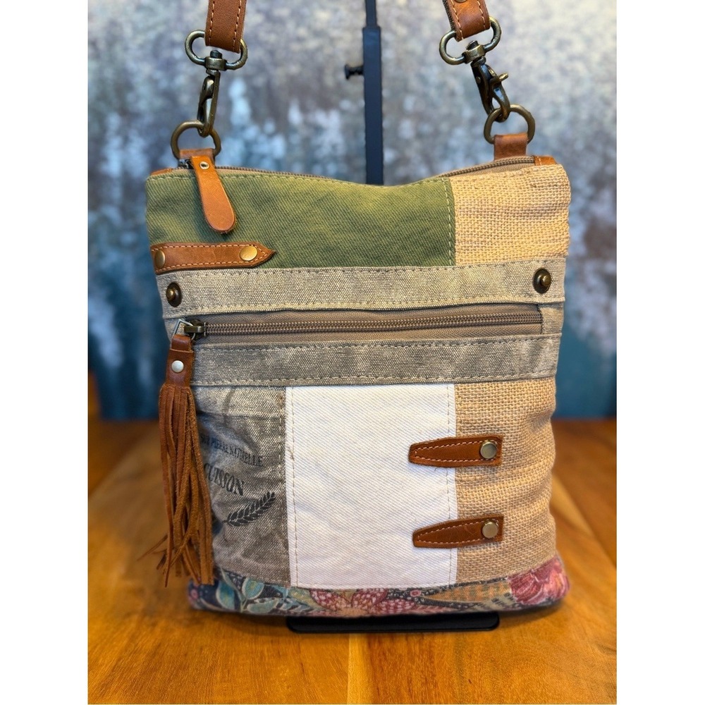 Myra Bag 2010s Boho Patchwork Canvas Crossbody Bag Tan/Multi (GUC)